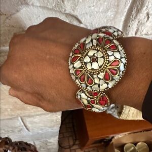 Brass cuff. Heavy. Mother pearl coral Hand made Note: square. Or round Variety